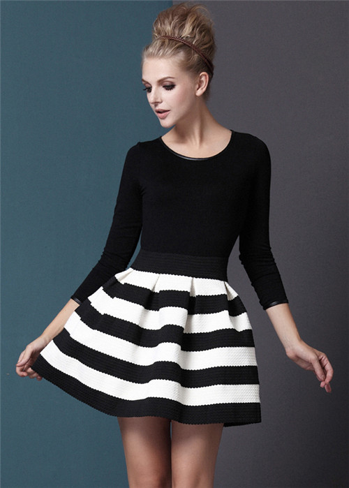2014 Spring Fashion Women Black White Striped Three Quarter Length Sleeve Stripe Dress 