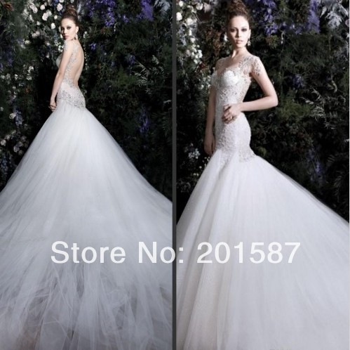 2014 Elegant New Design Sweetheart Sleeveless Sweep Train Backless Applique Beads Sequins Empire Wedding Dresses