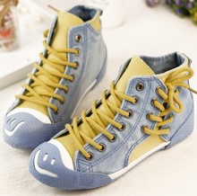 2014 spring new high top back lace denim canvas shoes for woman casual flat female sneakers 3color 35-40size
