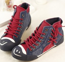 2014 spring new high top back lace denim canvas shoes for woman casual flat female sneakers