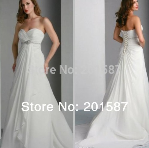 Sweetheart Pleated Crystal Sash Empire Waist Court Train Chiffon Pregnant Bridal Dress 2014 Beach Wedding Dress
