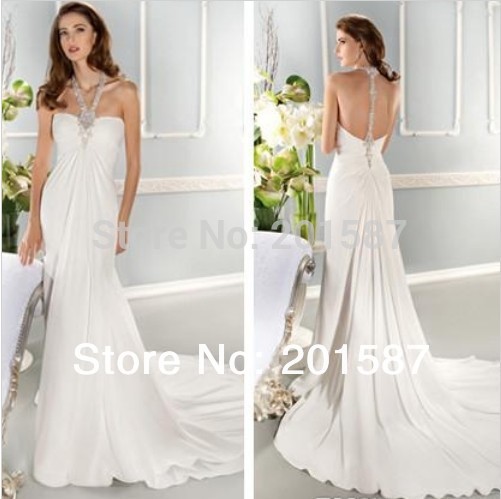 2014 Elegant Empire Wedding Dresses Chiffon Beads Sheer Halter Backless Chapel Train Sleeveless Bridasl Gowns