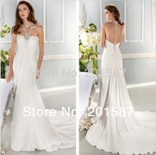 2014 Elegant Empire Wedding Dresses Chiffon Beads Sheer Halter Backless Chapel Train Sleeveless Bridasl Gowns