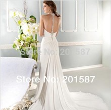 2014 Elegant Empire Wedding Dresses Chiffon Beads Sheer Halter Backless Chapel Train Sleeveless Bridasl Gowns