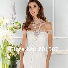 2014 Elegant Empire Wedding Dresses Chiffon Beads Sheer Halter Backless Chapel Train Sleeveless Bridasl Gowns