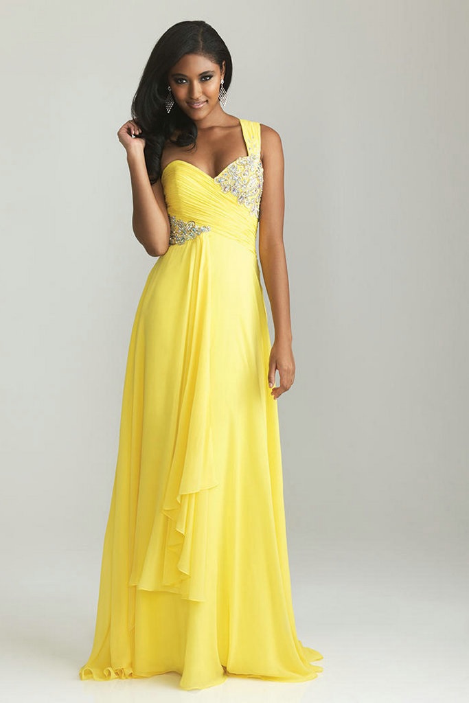 -Shoudler-Beaded-Ruched-Yellow-Bridesmaid-Dresses-A-line-Long-Wedding ...