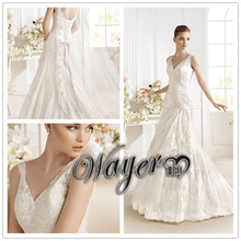 Free Shipping+HL-WD3382 Popular Straps V-neck Fully Lace Appliqued on Silky Organza Beaded A-line Wedding Dresses 2014