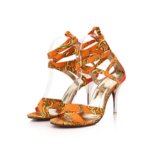 Armoire Hot Sexy  Black Orange High Heels Cross Tie  Women Floral Satin Sandals Pumps Ladies Shoes A09-3