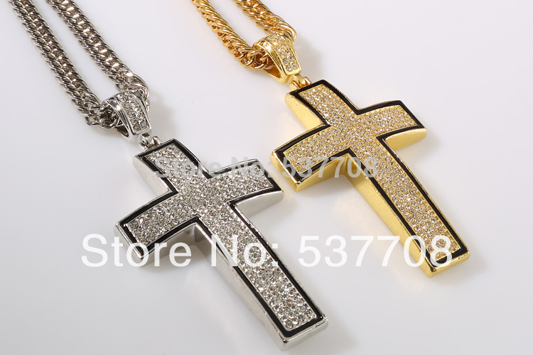 New 2014 Hip Hop 24K Gold Silver Rapper Vintage Crystal Cross Pendant Necklace Chain Men Jewelry