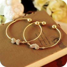 244 Sales Fashion Love Heart Bowknot Crystal Opening Gold Bracelet Bangles Wristband for Women Jewelry Free
