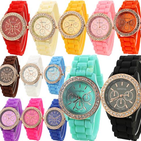 Geneva Silicone Golden Crystal Stone Quartz Ladies Women Girl Jelly Wrist Watch Candy Colors 0A6X