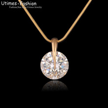 Single Round Stone Pendant Women 18k Gold Plated with Free Matching Chain