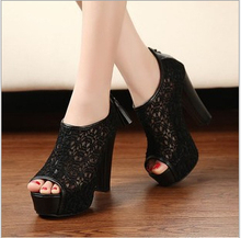 Free shipping women high square heel platform pump shoes big size lace women pumps summer