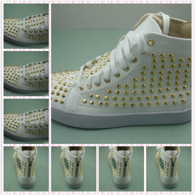 2014 Men Women Red Bottom White Genuine Leather With Gold Spike High Top Sneakers Design Fashion