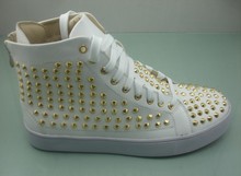 2014 Men Women Red Bottom White Genuine Leather With Gold Spike High Top Sneakers Design Fashion