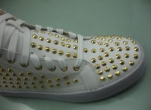 2014 Men Women Red Bottom White Genuine Leather With Gold Spike High Top Sneakers Design Fashion