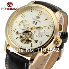 Forsining 2014 new Automatica men fashion tourbillon gold color black leather strap watch shipping free