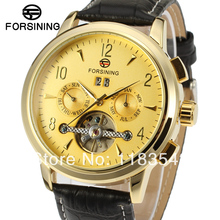 2014 Forsining new Automatic men fashion tourbillon gold color black leather strap watch shipping free