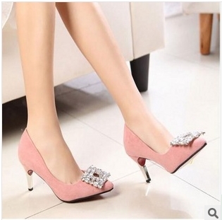 2014 new high heel pointed leather side buckle with diamond fine women s shoes ladise women