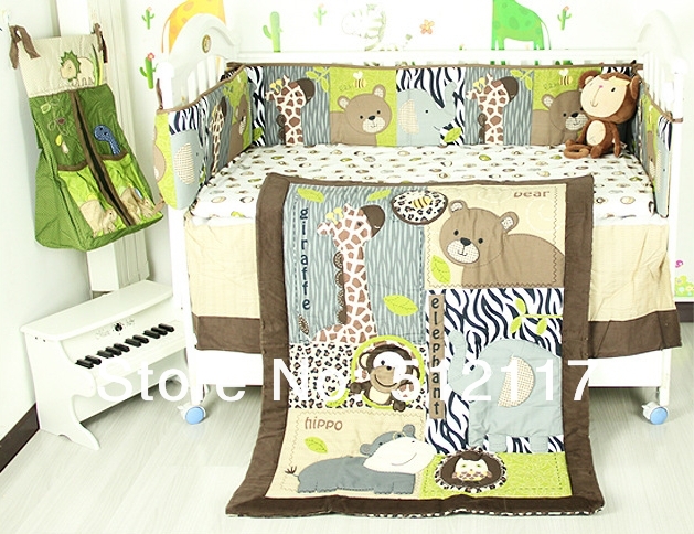New 7pcs Embroidered 3D Animals Brown Color Boy Baby Cot Crib Bedding 