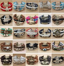 Wholesale 100pcs Cross Owl Birds Infinity Anchor love Angel “8” Leather Bracelets lots Free Shipping