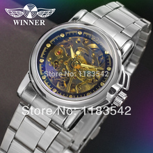 2014 Winner new Automatic Ladies fashion skeleton dress watch silver color with clear stones free shipping