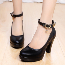 2014 women button belt thick heel size 32 33 41 42 43 pumps black genuine leather platform high heel shoes