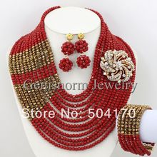 Marvelous 12 Rows Nigerian Wedding African Beads Jewelry Set Red Brown Crystal Beads Jewelry Set Free