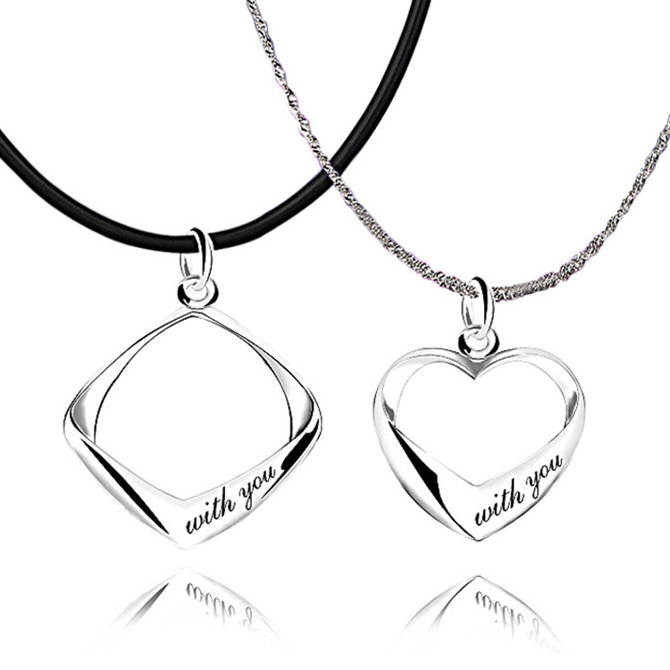 2014 Fashion Couple Jewelry Love Symble 925 Sterling Silver Square Heart Pendants Necklaces Leather Cord And