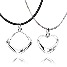 2014 Fashion Couple Jewelry Love Symble 925 Sterling Silver Square Heart Pendants Necklaces Leather Cord And Silver Chain YSN15