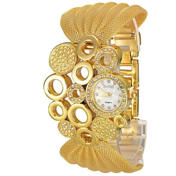 mode strass verziert zifferblatt gold stahl frauen kleiden watch
