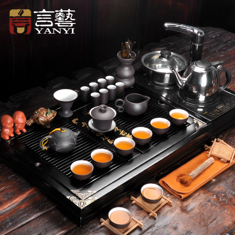 Tea set ceramic set purple kung fu tea set four in one induction cooker solid wood