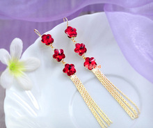 Freeshipping Nice Red Flower Rhinestone Long Tassel Bridal Earrings Women Marriage Accessories