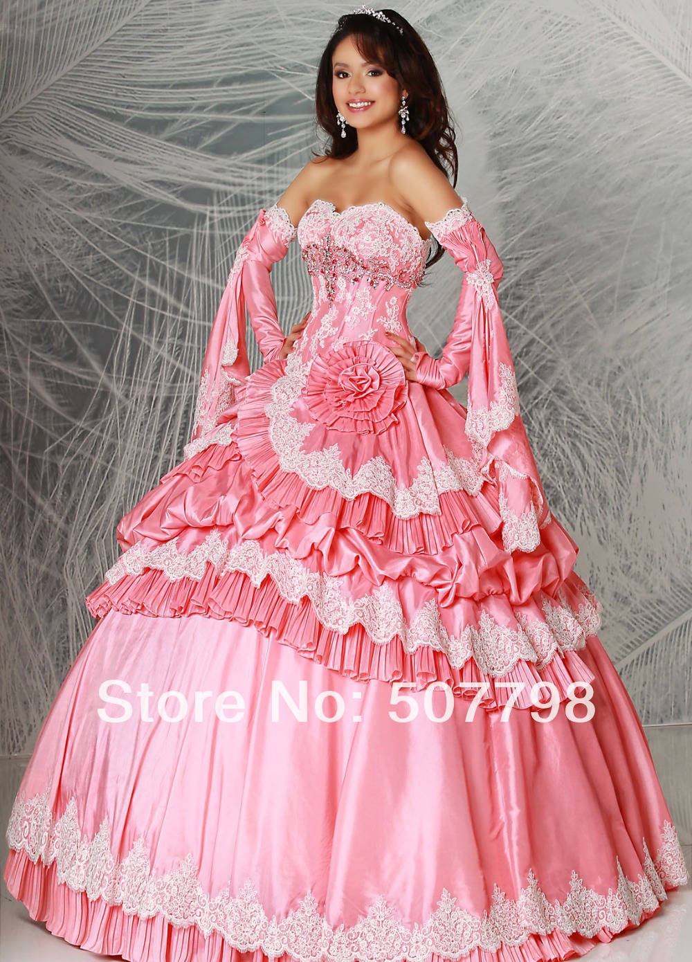 2014Peach Strapless Taffeta Ball princess Quinceanera Dresses Lace Prom GOWN WITH SLEEVES