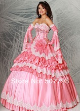 2014Peach Strapless Taffeta Ball princess Quinceanera Dresses Lace Prom GOWN WITH SLEEVES