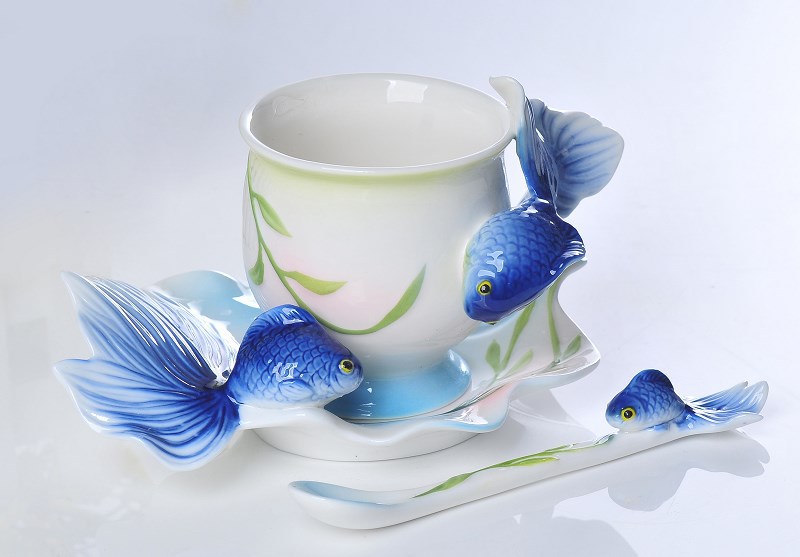 3Pcs Blue Fish Franz Porcelain Coffee Tea set Cup saucer Spoon Set Gift packing
