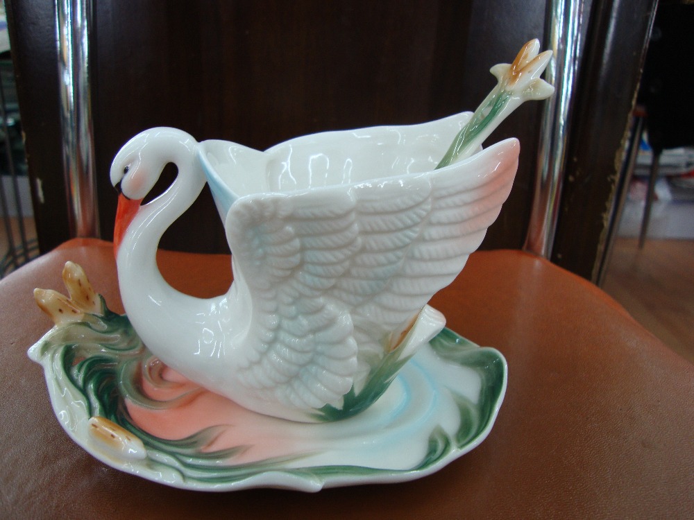 3Pcs White Swan Franz Porcelain Coffee tea set Cup saucer and Spoon
