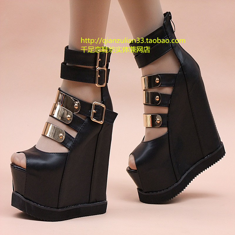 Hot selling wedges high heeled open toe platform zipper platform shoe bandage black shoes sandals