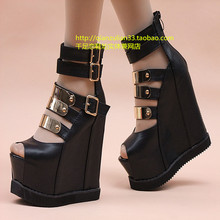 Hot-selling wedges high-heeled open toe platform zipper platform shoe bandage black shoes sandals