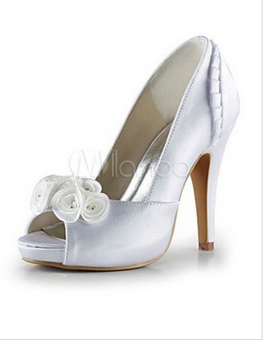 White Flowers Platform Satin Bridal Wedding Shoes