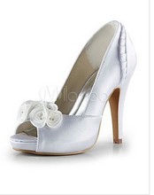 White Flowers Platform Satin Bridal Wedding Shoes