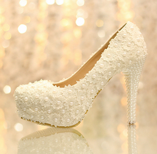 New arrival lace wedding shoes pearl shoes ultra high heels platform shoes bridal shoes princess white flower single shoes