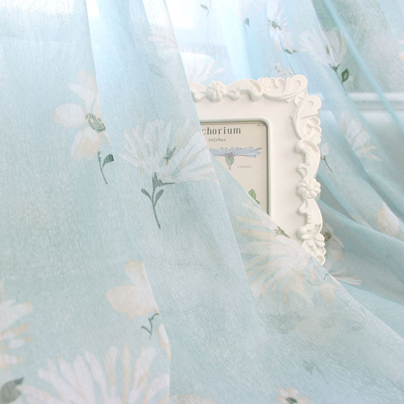 Blue flower window screening balcony printed sheer panel tulle curtains free shipping