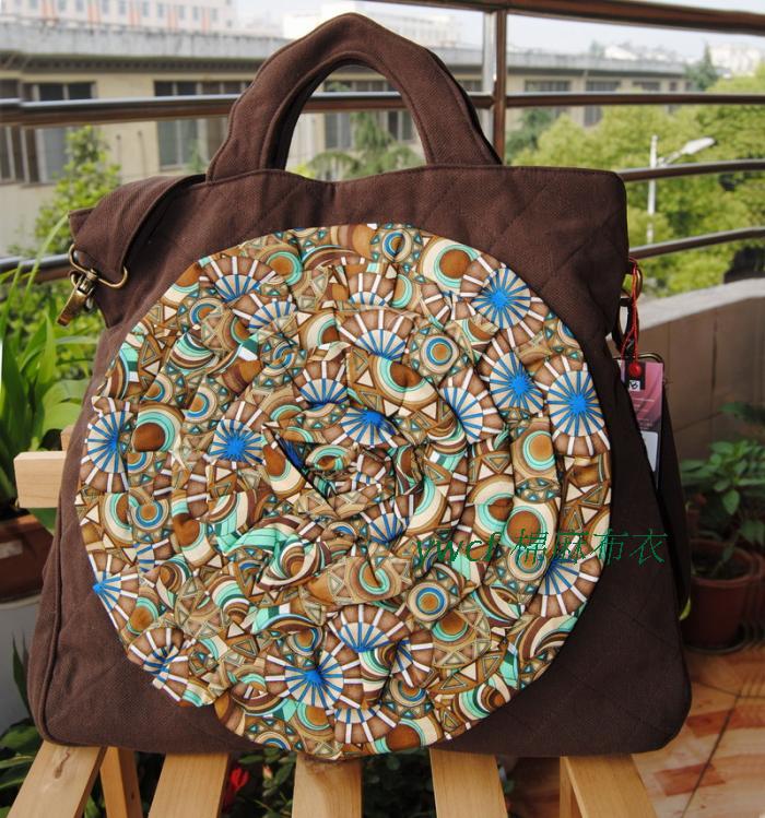 Handmade fabric rose three dimensional one shoulder cross body handbag multifunctional cloth rustic casual big bag