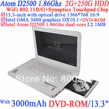 13 3 inch Ultra slim laptop computer with DVD ROM classic model with Intel Atom Dual