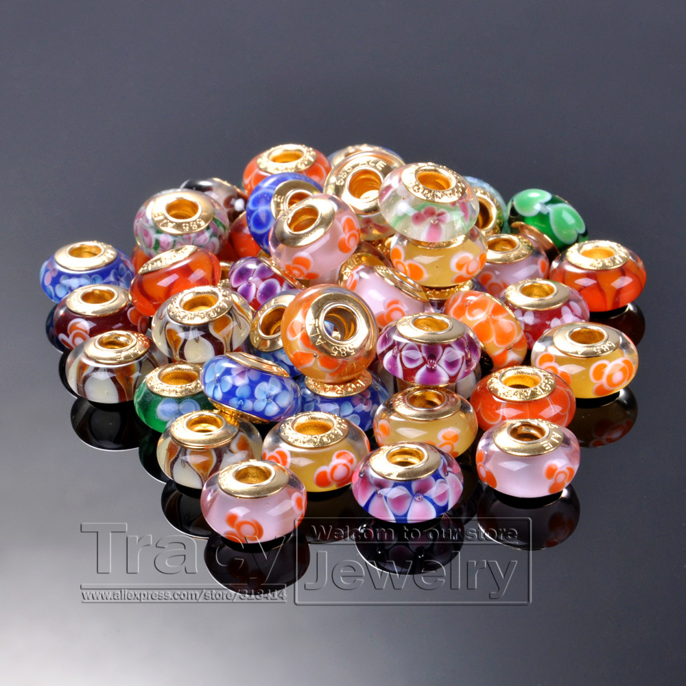 14 9mm charms beads fit pandora bracelet making 18k GOLD Glass screw hole Beads fashion jewelry
