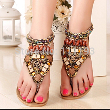 Women Plus Size Sandals New 2015 National Bohemia Rivet Flats Sandal Fretwork Beading Roman
