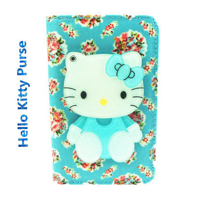 Hello Kitty Purse 2014 Brand With Mirror Purse Wallet Blue Flower Middle Size PU Leather Holder