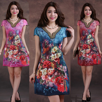 Free shipping new 2014  V-neck Women   dress L XL 2XL 3XL 4XL short sleeve women dress spring and summer dress.winter dress