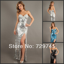 New Fashion Designer Dress Sexy Front Split  Sweetheart Sequined Satin Prom Girl Dress 2014 Sexy Design